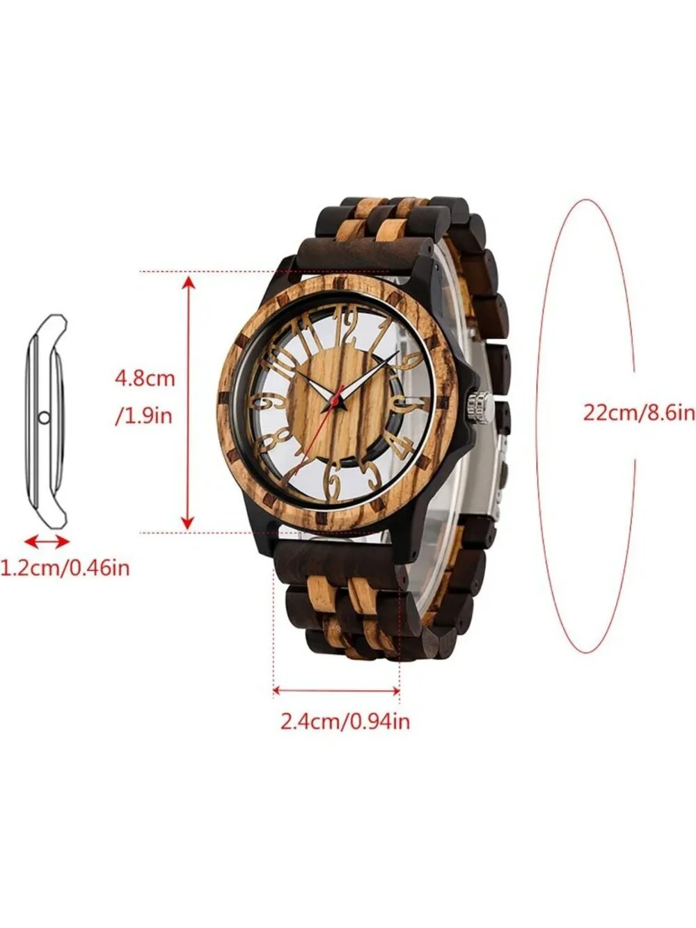 Mens Dark Brown Quartz Ebony Zebra Fold over Clasp Wood Strap Round Wooden Watch